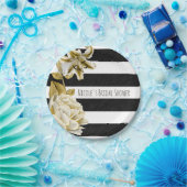 金ゴールドトーンフローラブラック&ホワイトストライプの ペーパープレート (パーティー)