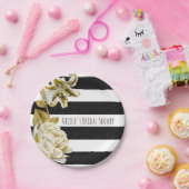 金ゴールドトーンフローラブラック&ホワイトストライプの ペーパープレート (パーティー)