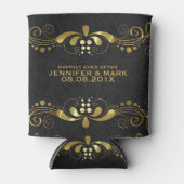 金ゴールドトーンフローラレースブラックダマスク背景 缶クーラー (正面)