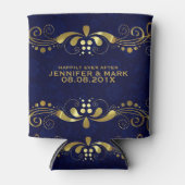 金ゴールドトーンフローラレースブルーのダマスクの背景 缶クーラー (正面)