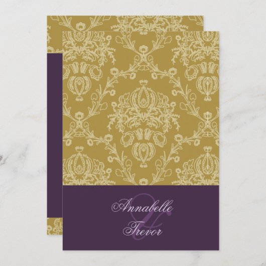 金ゴールドトーン/アイボリークリームレース(プラムアクセント) 招待状 (正面/裏面)