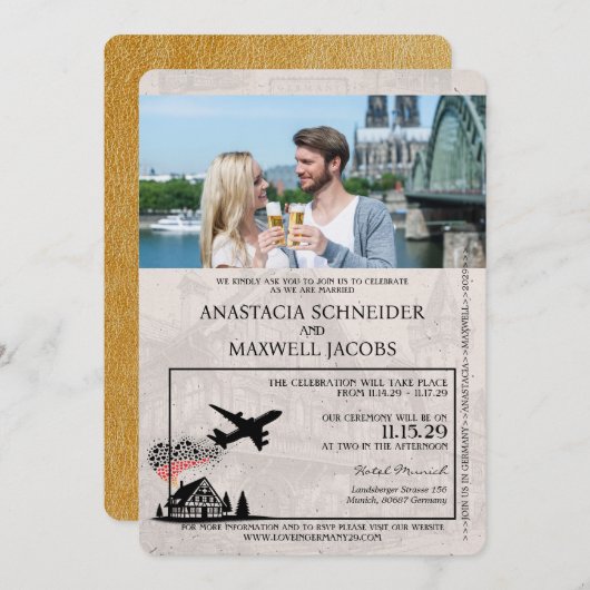 金ゴールドドイツパスポート結婚式招待状 招待状 (正面/裏面)