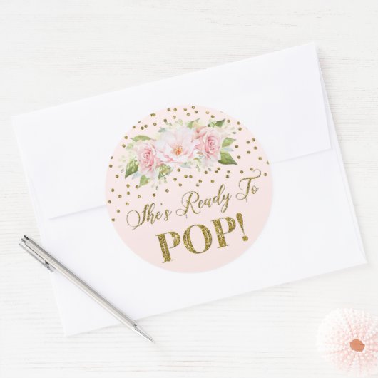 金ゴールドドットピンクフローラ彼女はメッセージカードする準備ができていポップ・アートのる ラウンドシール (封筒)