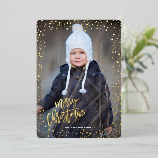 金ゴールドドットメリー実在スクリスフォイルホリデーカード 箔招待状 (立ち正面)