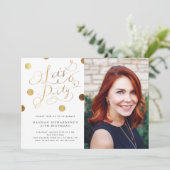 金ゴールドドットレッツパーティーアダルト誕生日写真 招待状 (スタンド正面)