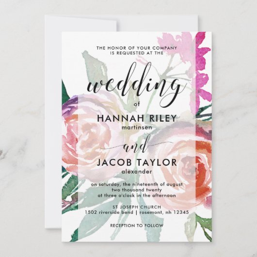 金ゴールドドット付きシックフェイクウォーターカラー結婚フローラ 招待状 (正面)