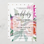 金ゴールドドット付きシックフェイクウォーターカラー結婚フローラ 招待状 (正面/裏面)