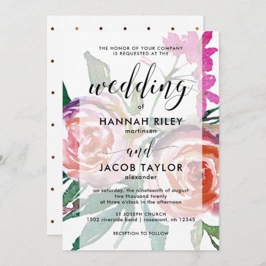 金ゴールドドット付きシックフェイクウォーターカラー結婚フローラ 招待状 (正面/裏面)