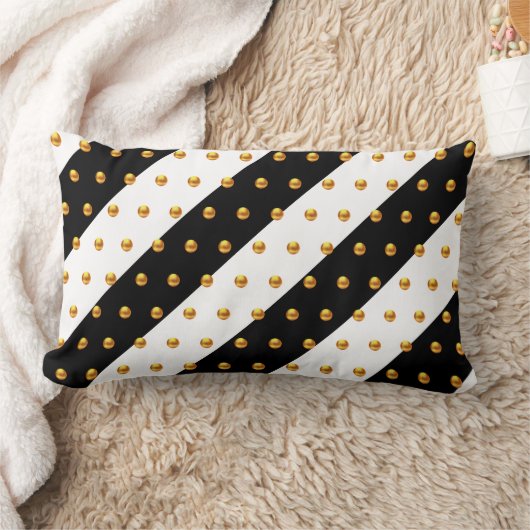 金ゴールドドット付き白黒ストライプの ランバークッション (ブランケット)