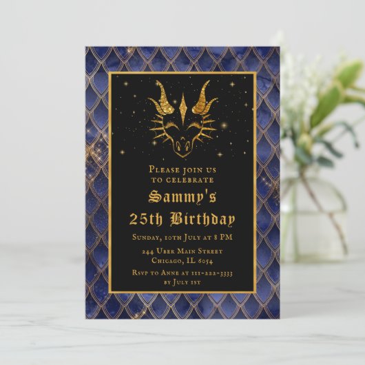 金ゴールドドラゴンとネイビーブルーはかりで測バースデーパーティー 招待状 (スタンド正面)