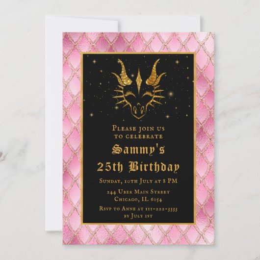 金ゴールドドラゴンとピンクはかりで測の誕生日パーティー 招待状 (正面)