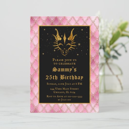 金ゴールドドラゴンとピンクはかりで測の誕生日パーティー 招待状 (スタンド正面)