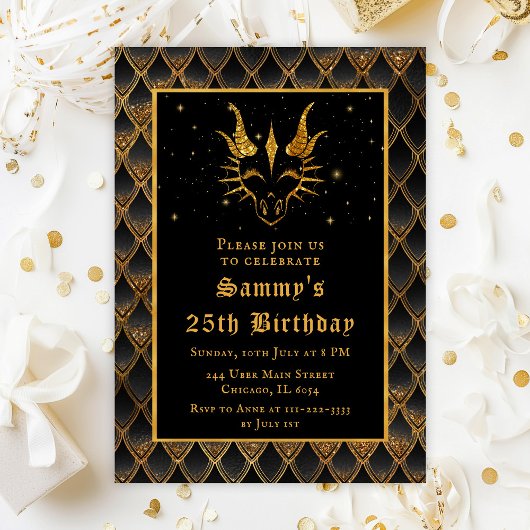金ゴールドドラゴンと黒はかりで測誕生日パーティー 招待状