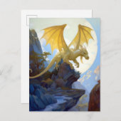 金ゴールドドラゴンオンザクリフファンタジーアートハガキ ポストカード (正面/裏面)