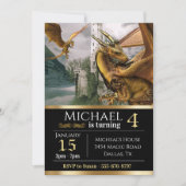 金ゴールドドラゴン中世キャッスルファンタジー誕生日 招待状 (正面)