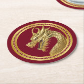 金ゴールドドラゴン2024中国の年末年始 – 赤と金ゴールド- ラウンドペーパーコースター (アングル)