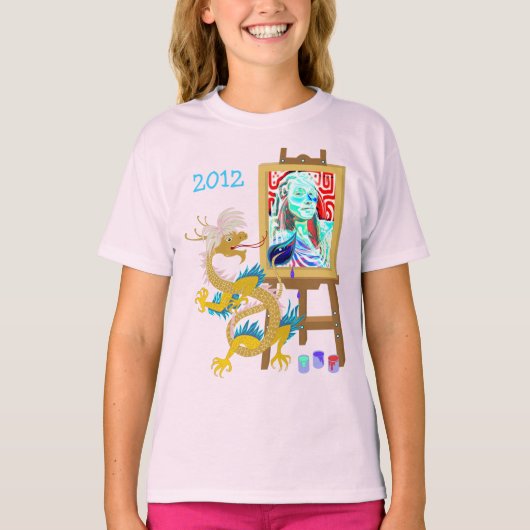 金ゴールドドラゴ絵を描ンあなたのポートレートテンプレートシャツ Tシャツ (正面)