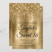 金ゴールドドリップグリッターとホイルスウィート16 招待状 (正面/裏面)