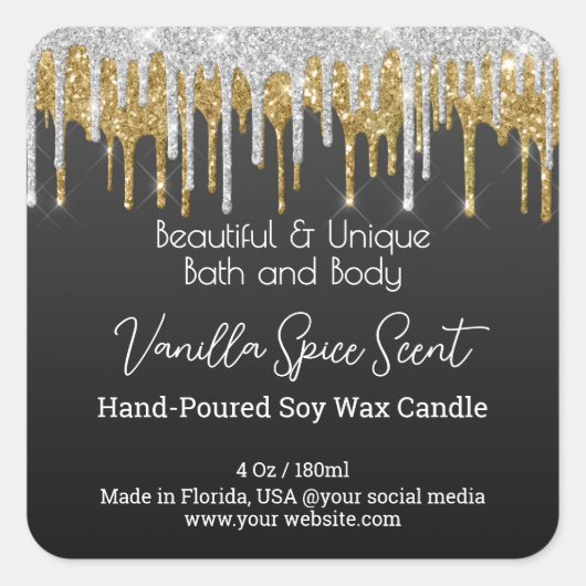 金ゴールドドリップグリッターボトルキャンドル製品ラベル スクエアシール (正面)