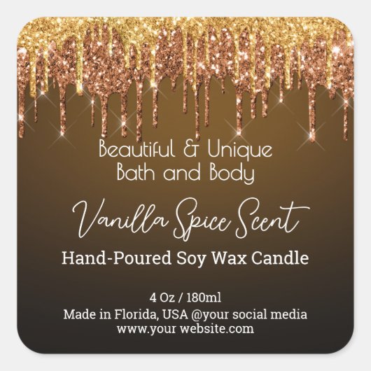 金ゴールドドリップグリッターボトルキャンドル製品ラベル スクエアシール (正面)