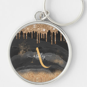 金ゴールドドリップグリッターモノグラムカスタムメタリック キーホルダー