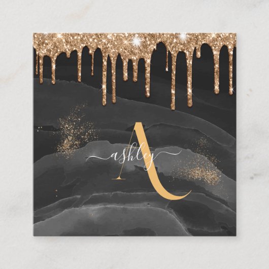 金ゴールドドリップグリッターモノグラムカスタムメタリック スクエア名刺 (正面)