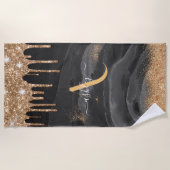 金ゴールドドリップグリッターモノグラムカスタムメタリック ビーチタオル (正面)