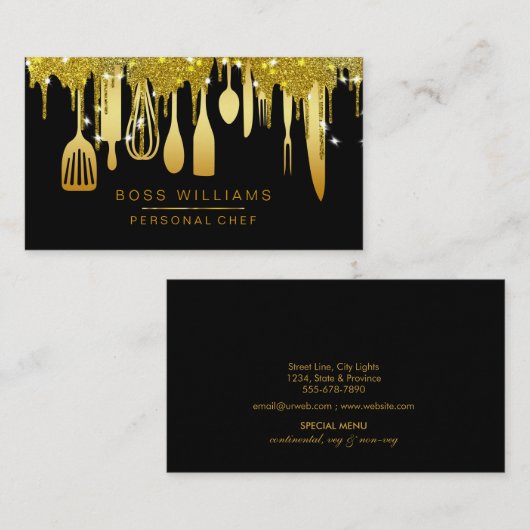 金ゴールドドリップケータリングパーソナルシェフキッチン用品 名刺 (正面/裏面)