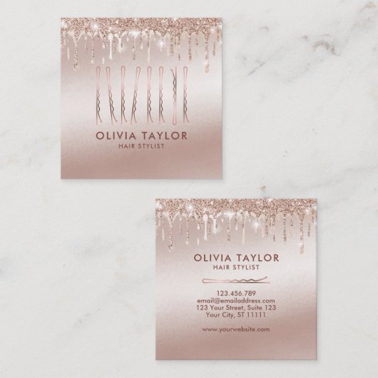 金ゴールドドリップスボビーピン美容師美容師 スクエア名刺 (正面/裏面)