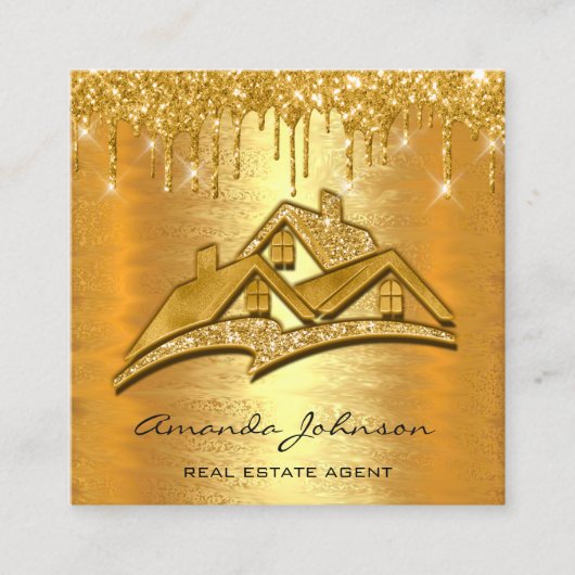 金ゴールドドリップスロゴハウス実在エステートエージェントラグジュアリー スクエア名刺 (正面)