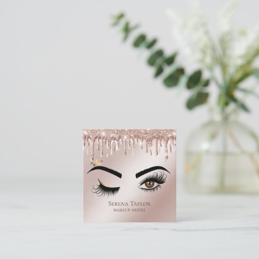 金ゴールドドリップズラッシュズ美しいメイクアップガールラッシュ スクエア名刺 (スタンド正面)