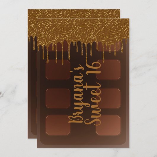 金ゴールドドリップチョコレートキャンディバースウィート16パーティー 招待状 (正面/裏面)