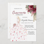 金ゴールドドリップ、ドレス、水彩バラキンセアニェラ 招待状 (正面/裏面)