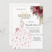 金ゴールドドリップ、ドレス、水彩バラスイーツ16 招待状 (正面/裏面)