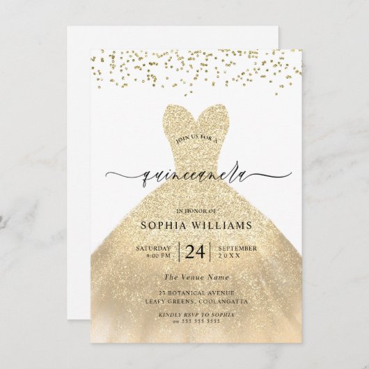 金ゴールドドレエレガントスグリッターキンセアニェラパーティー 招待状 (正面/裏面)