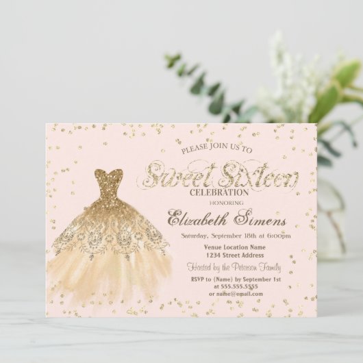 金ゴールドドレエレガントスダイヤモンドクリームスウィート16 招待状 (スタンド正面)