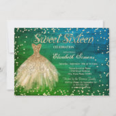 金ゴールドドレエレガントスダイヤモンドグリーンスウィート16 招待状 (正面)