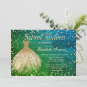 金ゴールドドレエレガントスダイヤモンドグリーンスウィート16 招待状 (スタンド正面)