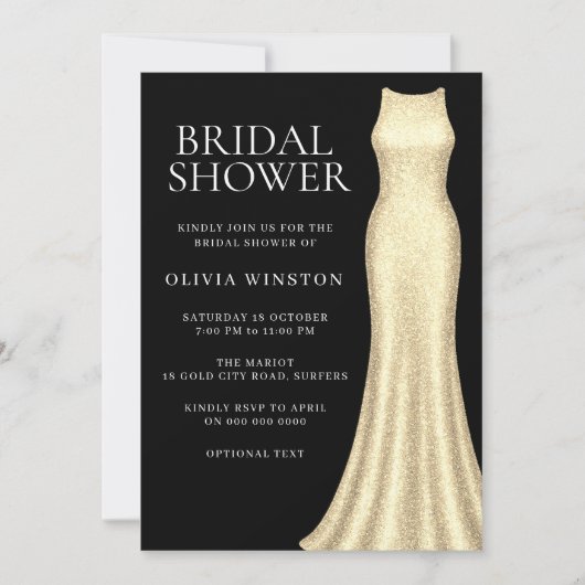 金ゴールドドレエレガントス&ブラックブライダルシャワー 招待状 (正面)