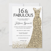 金ゴールドドレスグリッタースウィート16パーティー16th誕生日 招待状 (正面)