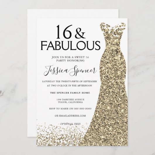 金ゴールドドレスグリッタースウィート16パーティー16th誕生日 招待状 (正面/裏面)