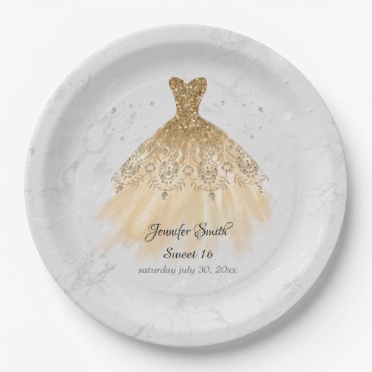 金ゴールドドレスグリッターsweet sixteen ペーパープレート (正面)