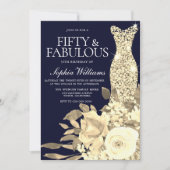 金ゴールドドレスゴールデンフラワーズネイビー50thバースデーパーティー 招待状 (正面)