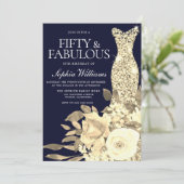金ゴールドドレスゴールデンフラワーズネイビー50thバースデーパーティー 招待状 (スタンド正面)