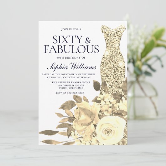 金ゴールドドレスゴールデンフラワーズネイビー60thバースデーパーティー 招待状 (スタンド正面)