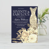 金ゴールドドレスゴールデンフラワーズネイビー70thバースデーパーティー 招待状 (スタンド正面)
