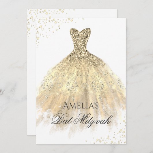 金ゴールドドレススパークルガールズバルミツワー 招待状 (正面/裏面)