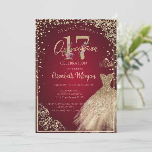 金ゴールドドレスダイアモンズフローラレッドキンセアニラ 招待状 (スタンド正面)