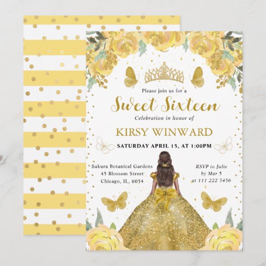 金ゴールドドレスダークスキンプリンセススウィート16 招待状 (正面/裏面)
