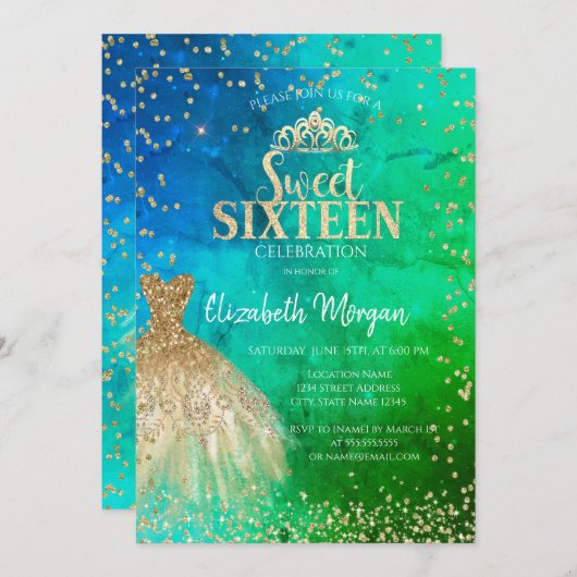 金ゴールドドレスティアラ、ダイアモンズグリーンブルーキンセアニラ 招待状 (正面/裏面)